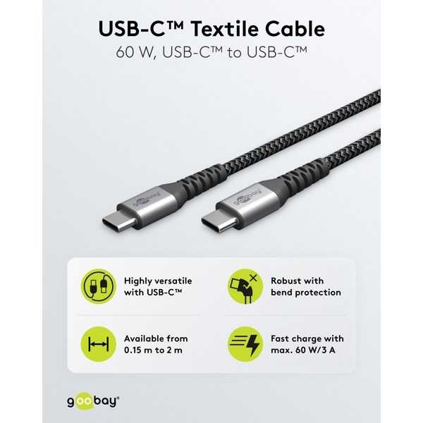 USB-C - USB-C -tekstiilikaapeli metalliliittimillä (tähtiharmaa/hopea), 0,15 m