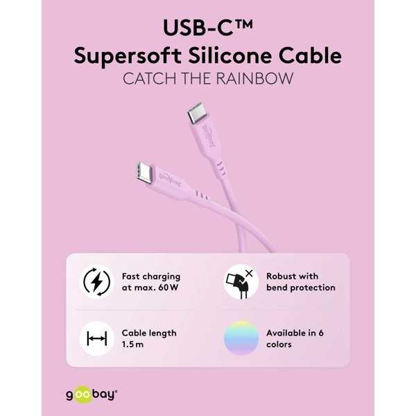 USB-C-silikonikaapeli, 1,5 m, pinkki