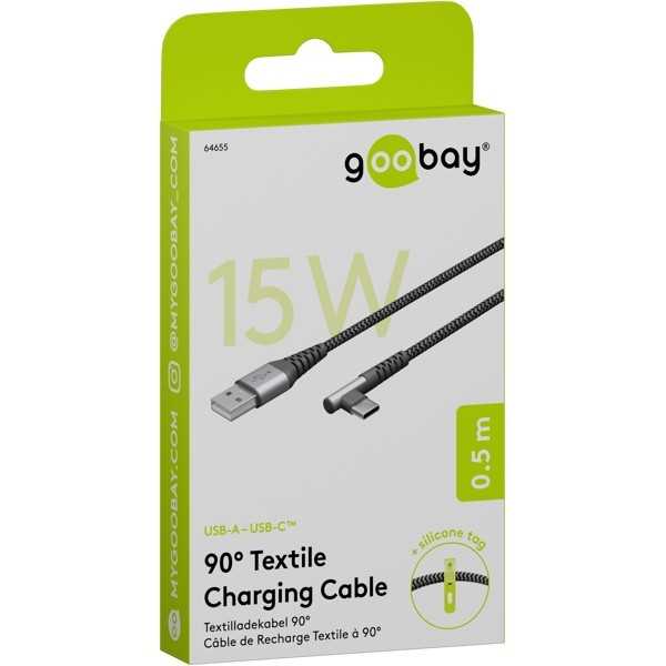 USB-C - USB-A -tekstiilikaapeli metalliliittimillä (tähtiharmaa/hopea), 90°, 0,5 m