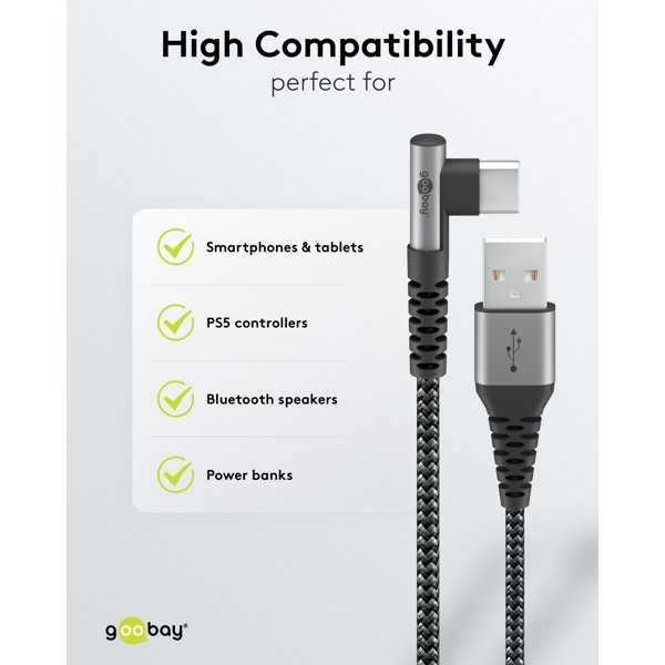 USB-C - USB-A -tekstiilikaapeli metalliliittimillä (tähtiharmaa/hopea), 90°, 1 m