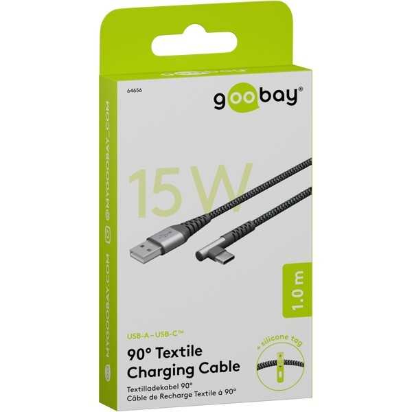 USB-C - USB-A -tekstiilikaapeli metalliliittimillä (tähtiharmaa/hopea), 90°, 1 m