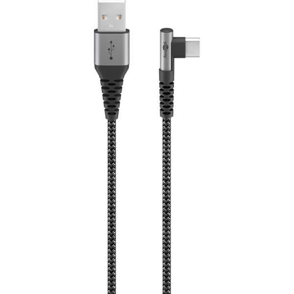 USB-C - USB-A -tekstiilikaapeli metalliliittimillä (tähtiharmaa/hopea), 90°, 2 m