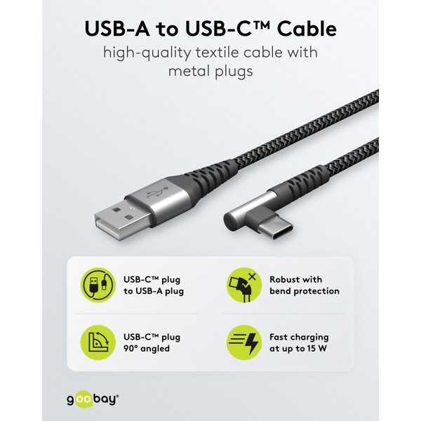 USB-C - USB-A -tekstiilikaapeli metalliliittimillä (tähtiharmaa/hopea), 90°, 2 m
