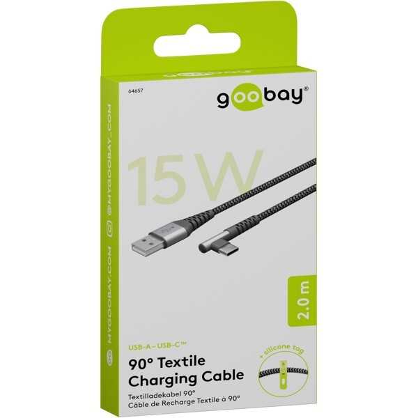 USB-C - USB-A -tekstiilikaapeli metalliliittimillä (tähtiharmaa/hopea), 90°, 2 m