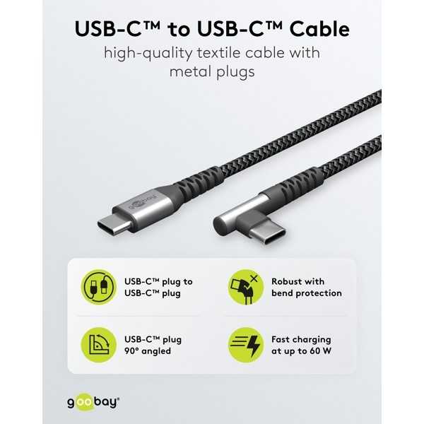 USB-C - USB-C -tekstiilikaapeli metalliliittimillä (tähtiharmaa/hopea), 90°, 0,5 m