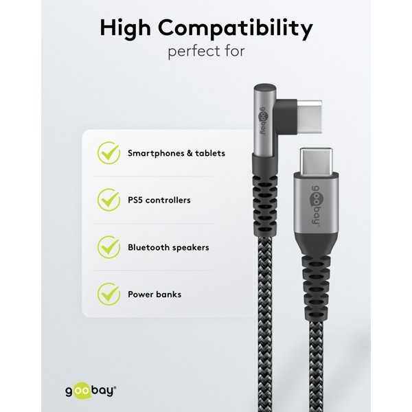 USB-C - USB-C -tekstiilikaapeli metalliliittimillä (tähtiharmaa/hopea), 90°, 0,5 m