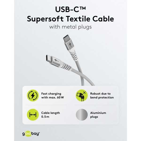 USB-C Supersoft -tekstiilikaapeli metalliliittimillä, 0,5 m, valkoinen