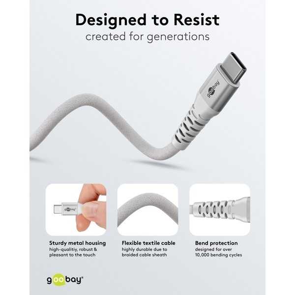 USB-C Supersoft -tekstiilikaapeli metalliliittimillä, 2 m, valkoinen