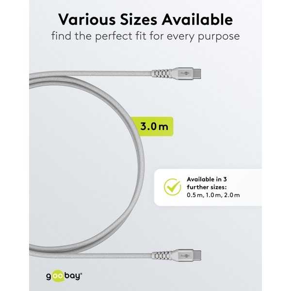 USB-C Supersoft -tekstiilikaapeli metalliliittimillä, 3 m, valkoinen