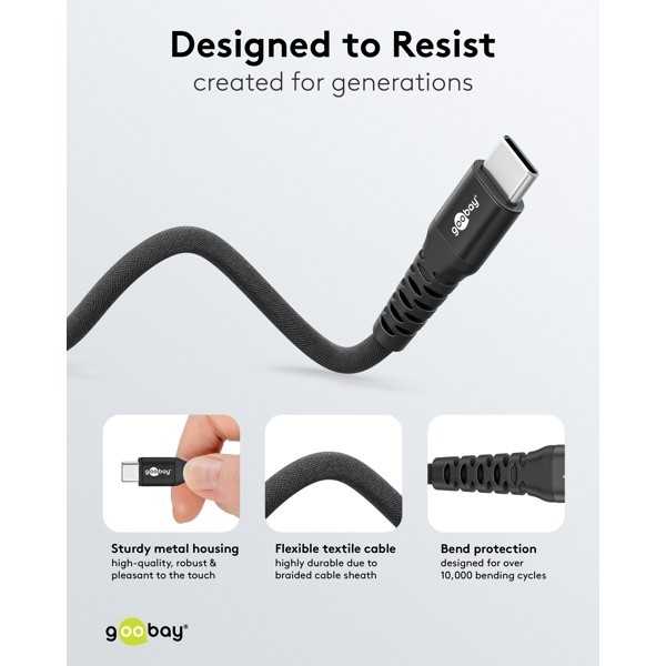 USB-C Supersoft -tekstiilikaapeli metalliliittimillä, 3 m, musta