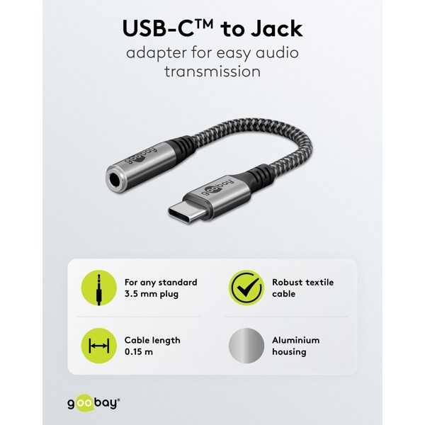 USB-C-sovitin Jackiin, 3,5 mm AUX, 0,15metriä.