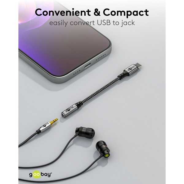 USB-C-sovitin Jackiin, 3,5 mm AUX, 0,15metriä.