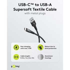 USB-C - USB-A Supersoft -tekstiilikaapeli metalliliittimillä, 2 m, musta