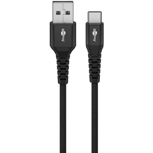 USB-C - USB-A Supersoft -tekstiilikaapeli metalliliittimillä, 2 m, musta