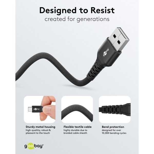 USB-C - USB-A Supersoft -tekstiilikaapeli metalliliittimillä, 3 m, musta