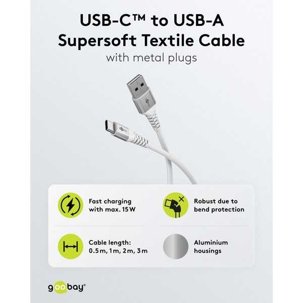USB-C - USB-A Supersoft -tekstiilikaapeli metalliliittimillä, 1 m, valkoinen