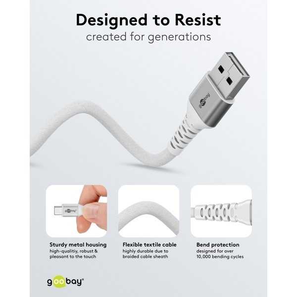 USB-C - USB-A Supersoft -tekstiilikaapeli metalliliittimillä, 1 m, valkoinen