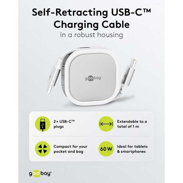 Itsekelautumiskaapeli USB-C, 1 m, valkoinen/hopea
