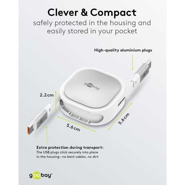 Itsekelautumiskaapeli USB-C, 1 m, valkoinen/hopea