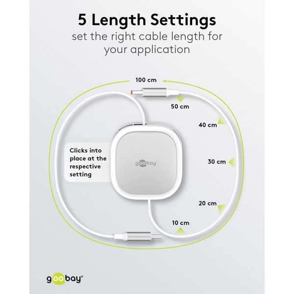 Itsekelautumiskaapeli USB-C, 1 m, valkoinen/hopea