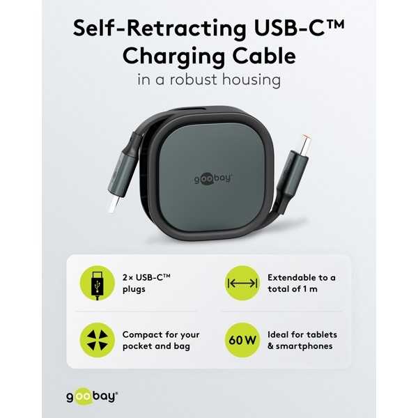 Itsekelautuvakaapeli USB-C, 1 m, musta/ hopea