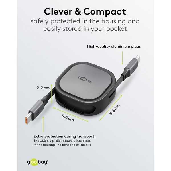 Itsekelautuvakaapeli USB-C, 1 m, musta/ hopea