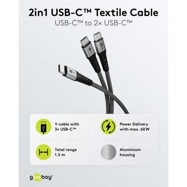 USB-C-tekstiilikaapeli, 60 W, virransyöttö, 1,5 m, musta/harmaa