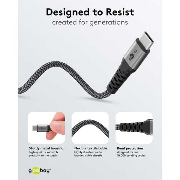 USB-C-tekstiilikaapeli, 60 W, virransyöttö, 1,5 m, musta/harmaa