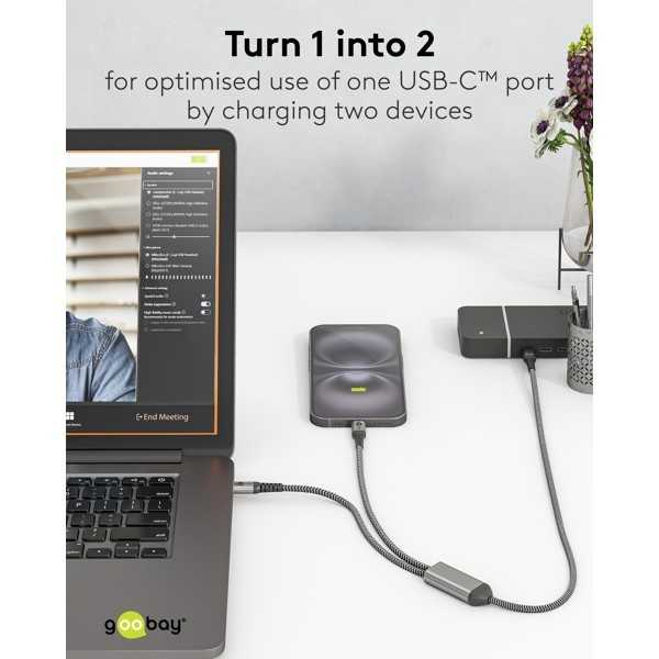 USB-C-tekstiilikaapeli, 60 W, virransyöttö, 1,5 m, musta/harmaa