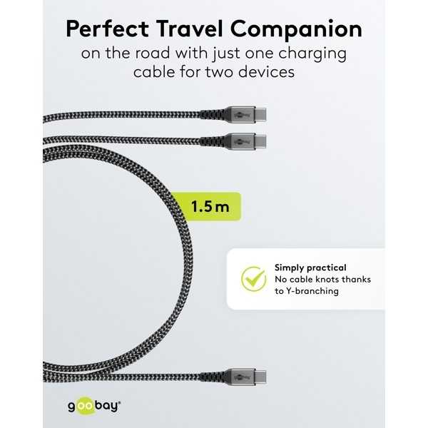 USB-C-tekstiilikaapeli, 60 W, virransyöttö, 1,5 m, musta/harmaa