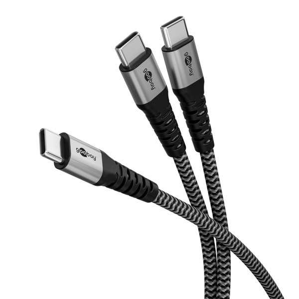 USB-C-tekstiilikaapeli, 60 W, virransyöttö, 1,5 m, musta/harmaa