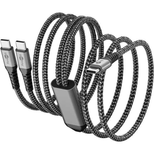 USB-C-tekstiilikaapeli, 60 W, virransyöttö, 1,5 m, musta/harmaa