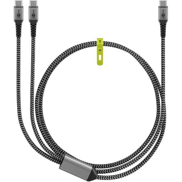 USB-C-tekstiilikaapeli, 60 W, virransyöttö, 1,5 m, musta/harmaa