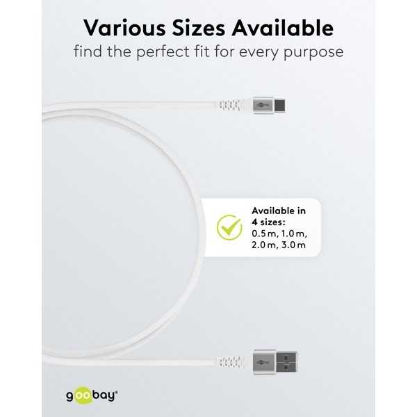 USB-C - USB-A Supersoft -tekstiilikaapeli metalliliittimillä, 2 m, valkoinen