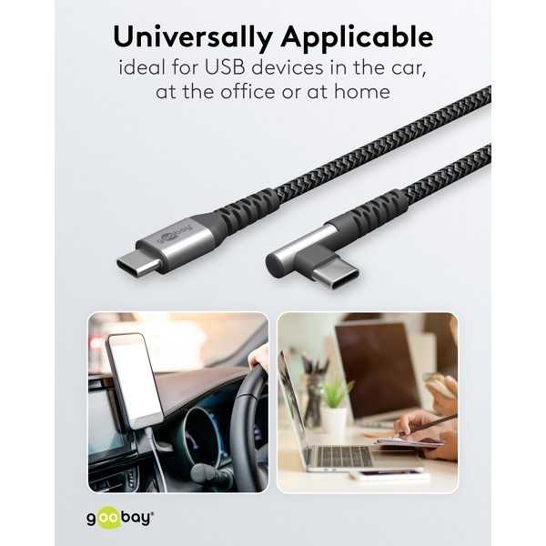USB-C - USB-C -tekstiilikaapeli metalliliittimillä (tähtiharmaa/hopea), 90°, 1 m