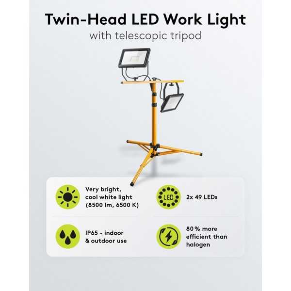 LED-työvalo teleskooppijalustalla, 2 x 50 W