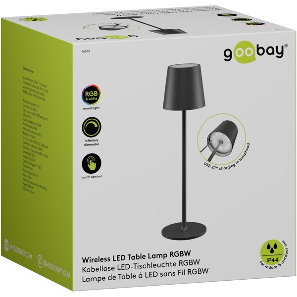 Langaton LED-pöytävalaisin, koko M, 38 cm, RGBW, musta