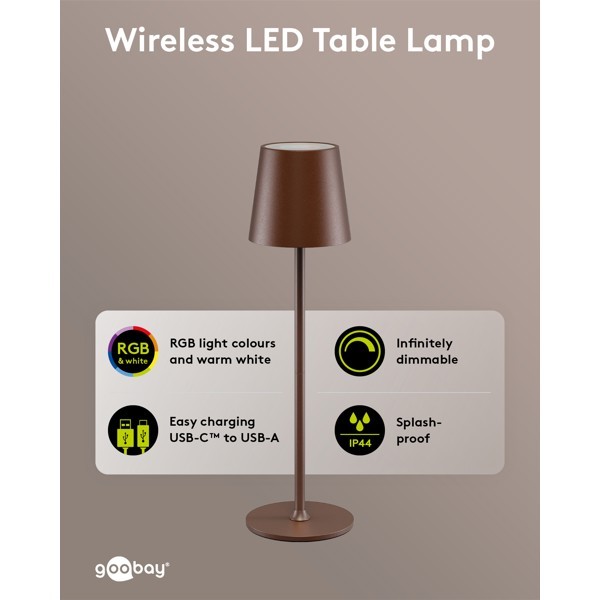 Langaton LED-pöytävalaisin, koko M, 38 cm, RGBW, kuparinvärinen