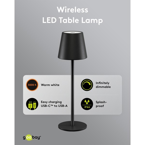 Langaton LED-pöytävalaisin, koko M, 37 cm, musta