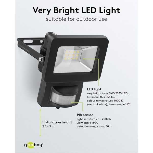 LED-ulkovalonheitin, 10 W, liiketunnistimella