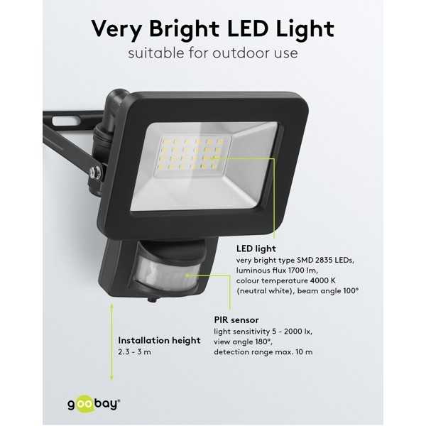 LED-ulkovalonheitin, 20 W, liiketunnistimella