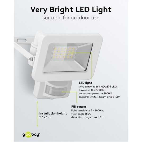 LED-ulkovalonheitin, 20 W, liiketunnistimella