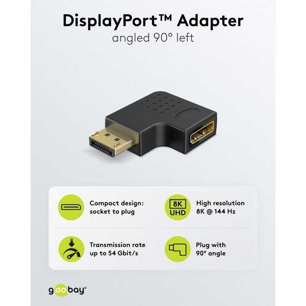 DisplayPort-kulmasovitin 90° vasemmalle