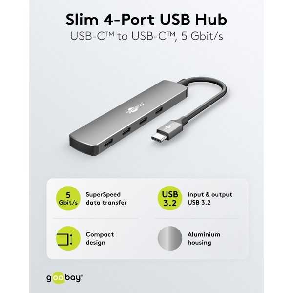 Ohut 4-porttinen USB-keskitin, USB-C - USB-C, 5 Gbit/s