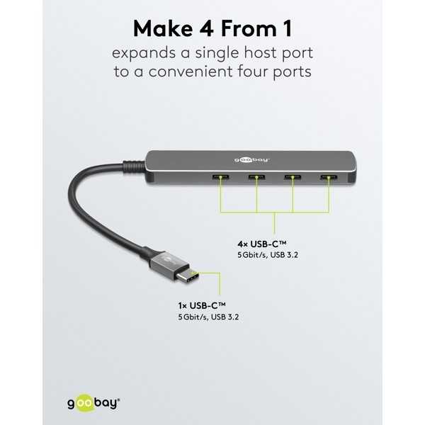 Ohut 4-porttinen USB-keskitin, USB-C - USB-C, 5 Gbit/s