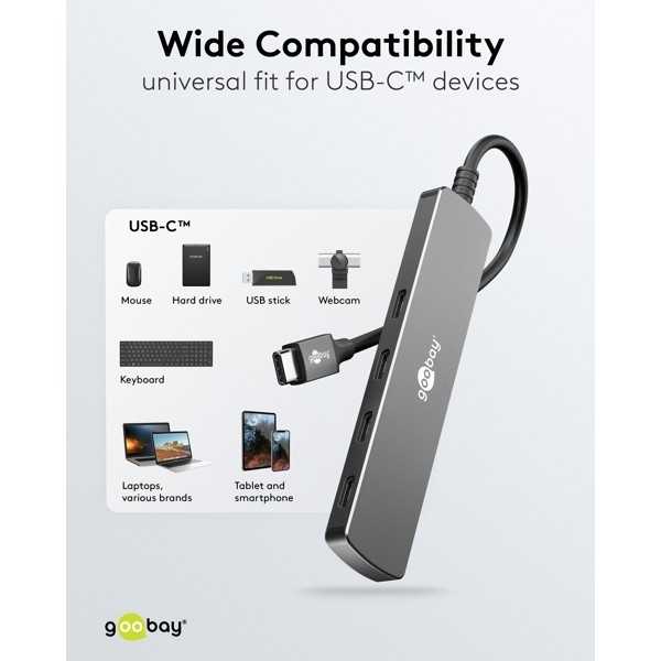 Ohut 4-porttinen USB-keskitin, USB-C - USB-C, 5 Gbit/s