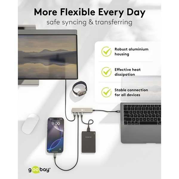 Ohut 4-porttinen USB-keskitin, USB-C - USB-C, 5 Gbit/s