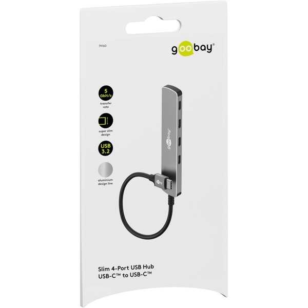 Ohut 4-porttinen USB-keskitin, USB-C - USB-C, 5 Gbit/s