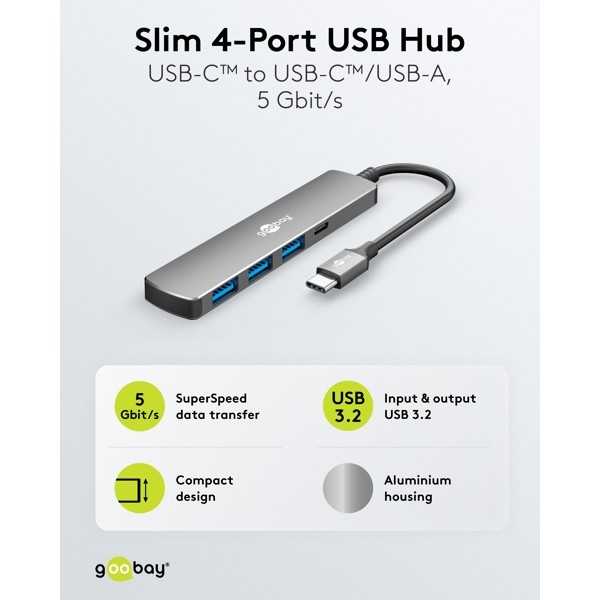Ohut 4-porttinen USB-keskitin, USB-C - USB-C/USB-A, 5 Gbit/s