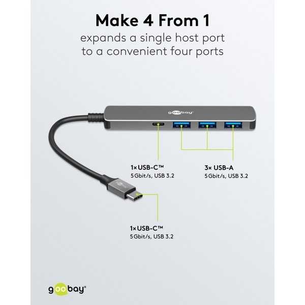 Ohut 4-porttinen USB-keskitin, USB-C - USB-C/USB-A, 5 Gbit/s